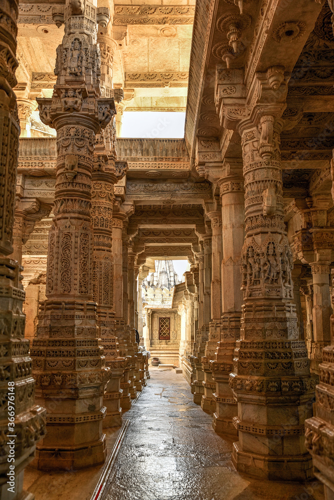 Interior view of famous Jain temple (Adinatha temple) in Ranakpur, Rajasthan, India.