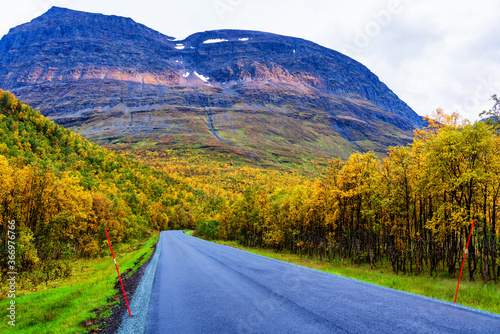 Tamok Valley (Tamokdalen) in northern Norway on an early autumn in a cloudy day. photo