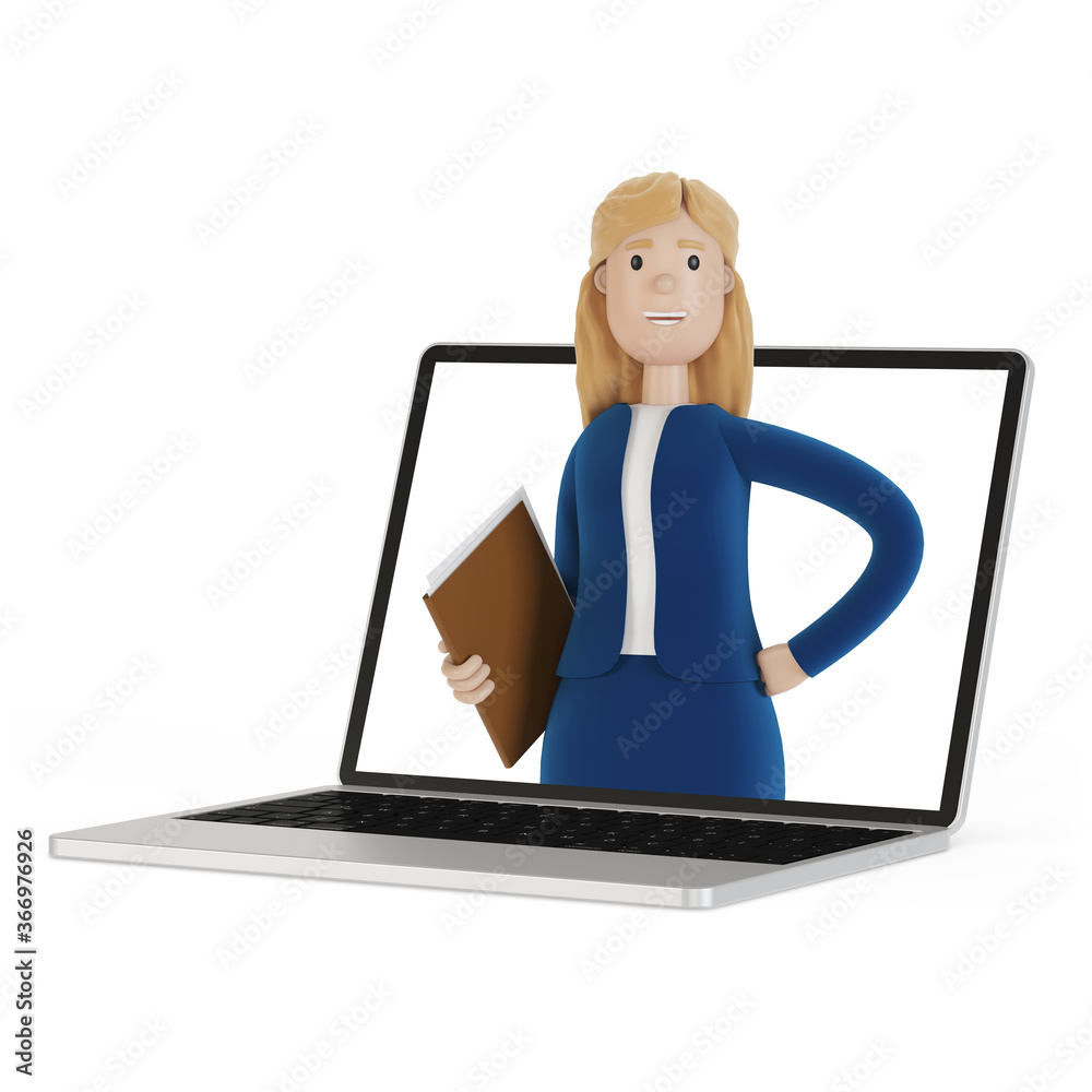 Businesswoman with documents in a laptop. Online business concept. 3d illustration of a cartoon character.