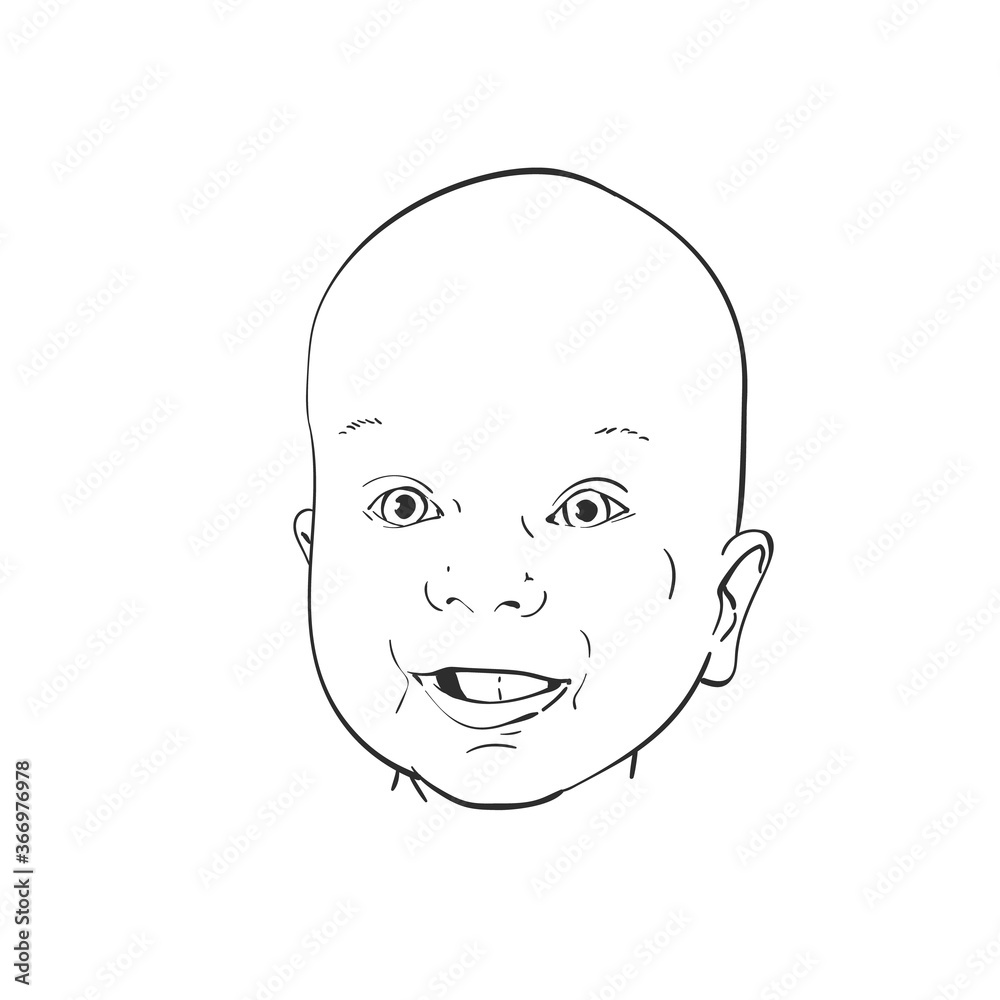 Baby head smiling with open mouth and exciting look, Vector sketch, Hand drawn illustration Baby head smiling with open mouth and exciting look, Vector sketch, Hand drawn illustration