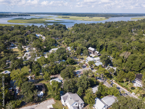 High angle aerial view of Bluffton, South Carolina with the Maye River in the background. photo