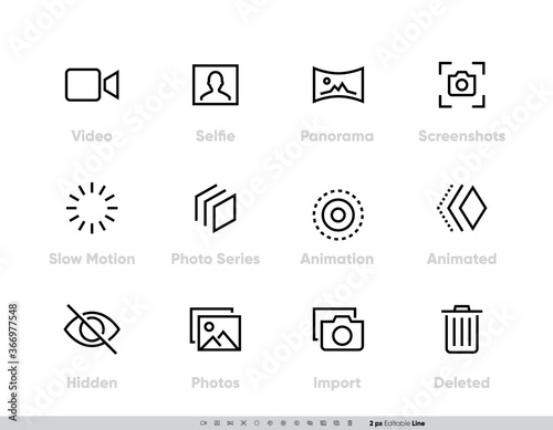 Media Files vector icon set. Camera And Photography set with Selfie, Panorama, Screenshots, Slow Motion, Photo, Series, Animation, Animated, Hidden Photos, Import and Delete Line icons for Photo App