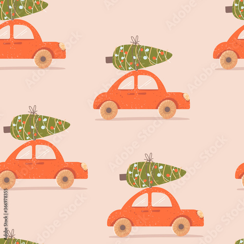 Marry Christmas and New year seamless pattern. Christmas car with a tree. Packaging of Christmas gifts. The concept of holiday attributes. Christmas and New year. Vector.