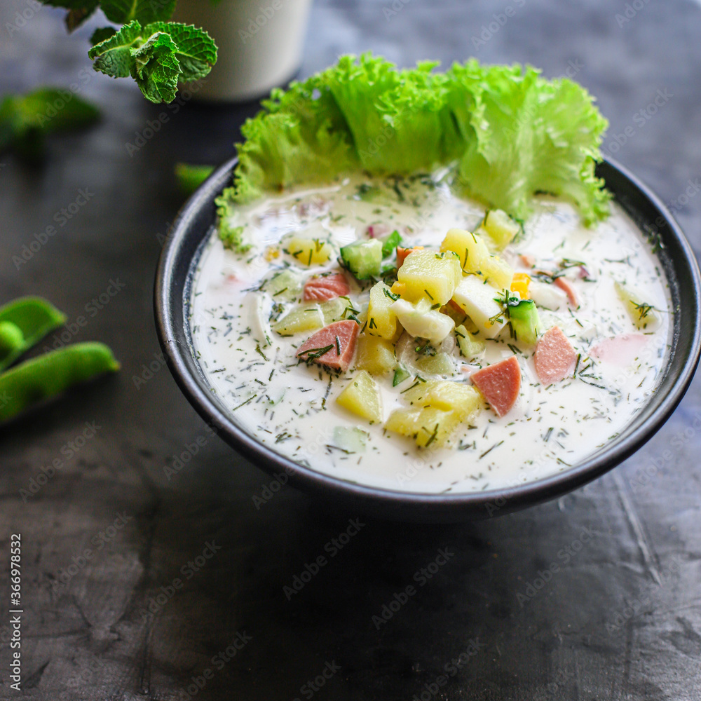cold soup vegetables greens okroshka food background top view copy space organic eating healthy keto or paleo diet raw cold soup vegetables greens okroshka food background top view copy space organic eating healthy keto or paleo diet raw