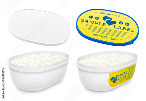Vector labeled plastic open bucket with ice cream, yogurt or pudding within. Packaging template illustration.