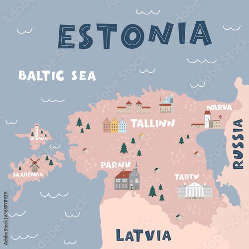 Estonia map flat hand drawn vector illustration. Names lettering and cartoon landmarks. Baltic sea, Narva, Parnu, Tartu city. Tallinn travel, trip comic infographic poster, banner concept design