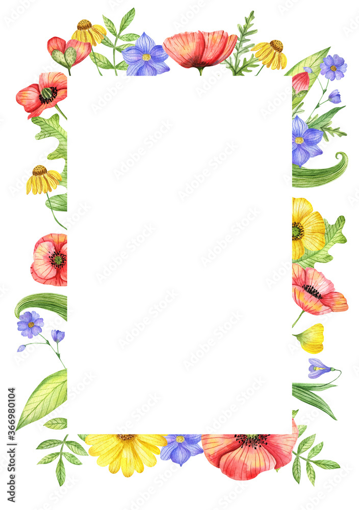 Bright summer frame for wedding invitations, cards, menus. Watercolor flowers, peonies and wildflowers Bright summer frame for wedding invitations, cards, menus. Watercolor flowers, peonies and wildflowers
