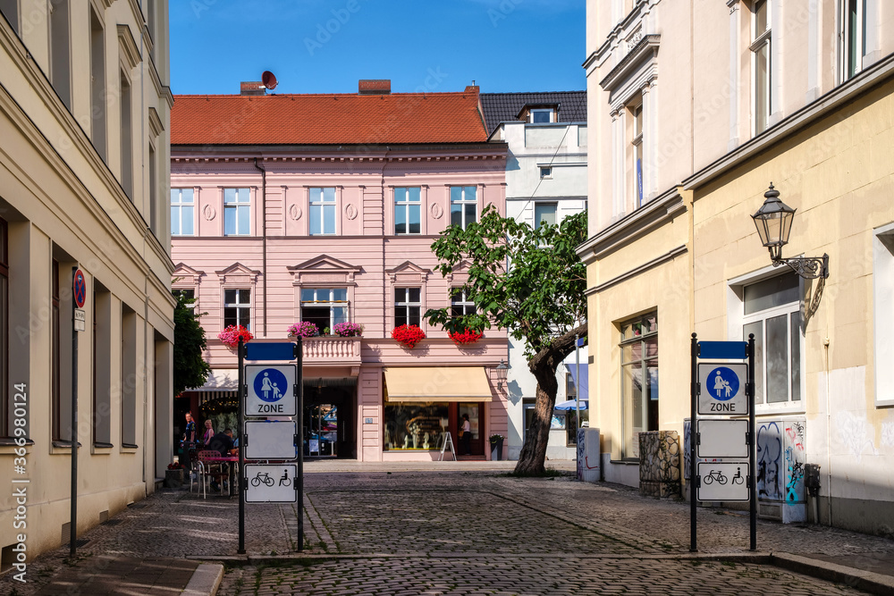 Beautiful city view to the Hauptstrasse in Brandenburg an der Havel on a sunny day in summer.