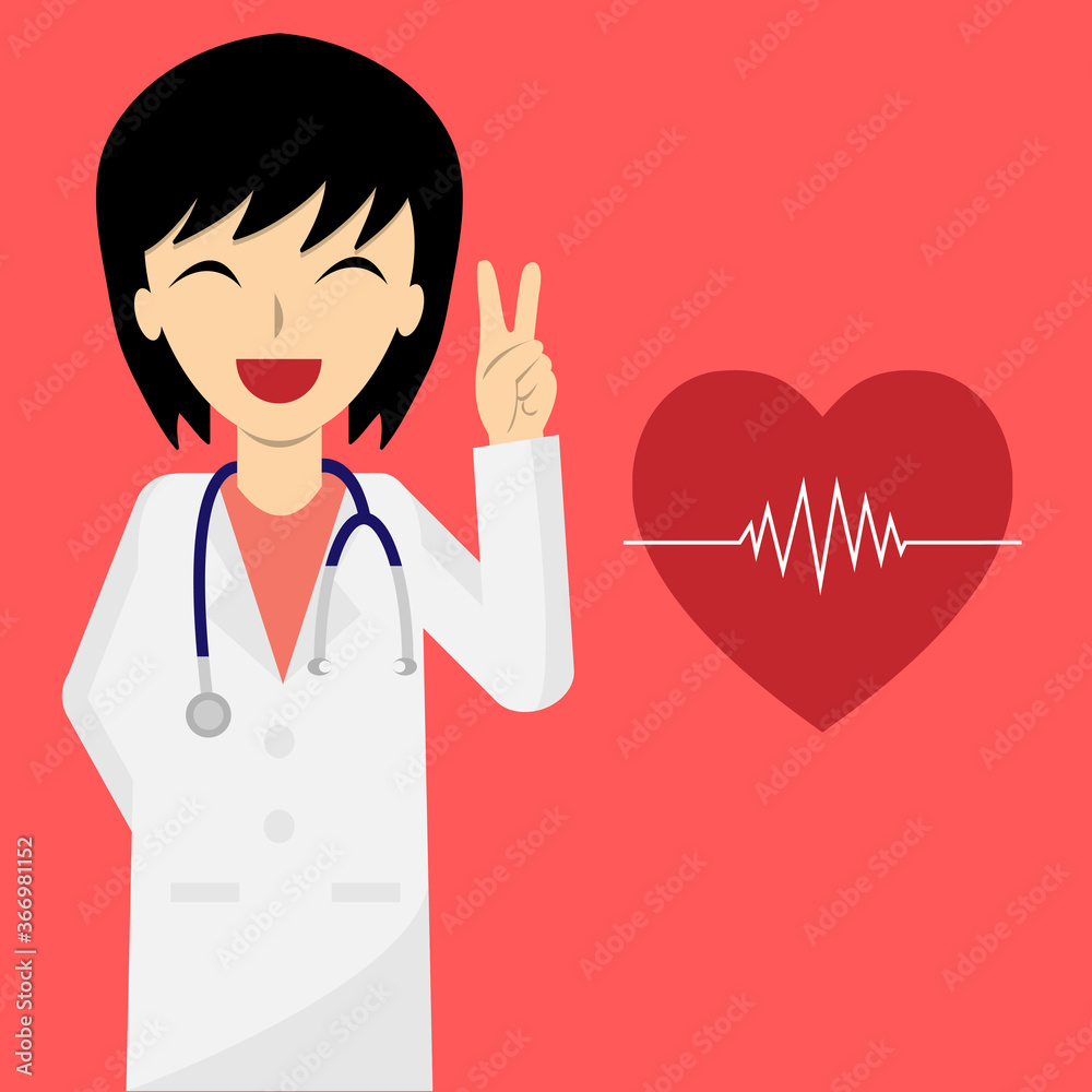 Smiling Doctor showing her 2 fingers with heart rate vector Smiling Doctor showing her 2 fingers with heart rate vector