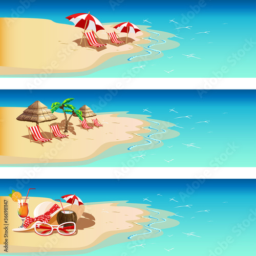 Set of banners with the image of the beach bar, the sea, cocktails, a deck chair, parasols, sun glasses, and a summer hat. Templates for invitations and advertising. Vector illustration in cartoon sty