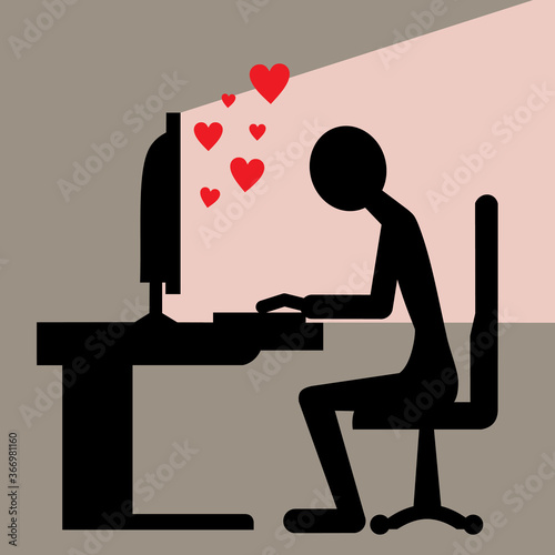 long distance relationship, silhouette of a person working on a computer, vector illustration 