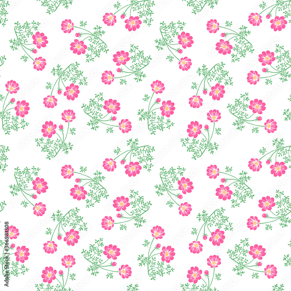 Seamless pattern with simple vectorized flowers. Endless background for wallpapers, goods covers or fashion fabric.