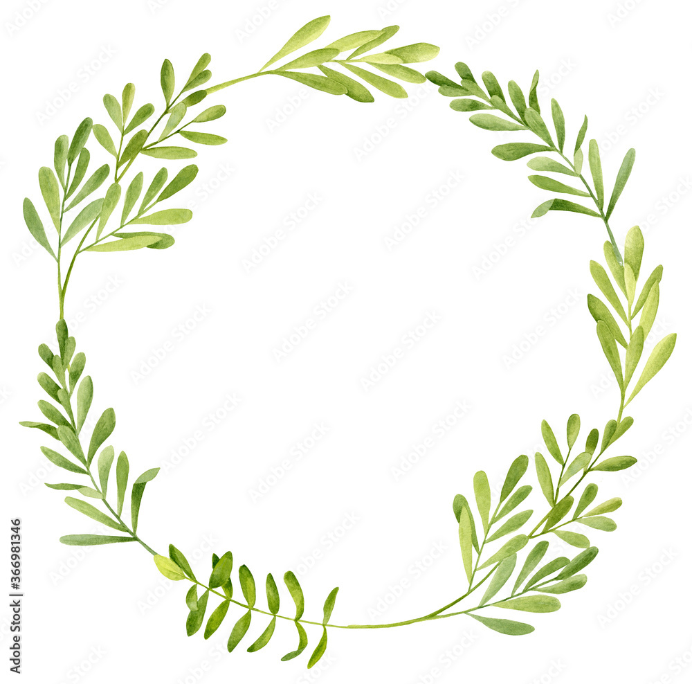 Watercolor green leaves wreath. Hand drawn round frame template with tea tree plants isolated on white background. Painted herbs for cosmetics, invitation, card, save the date, wedding, baby shower