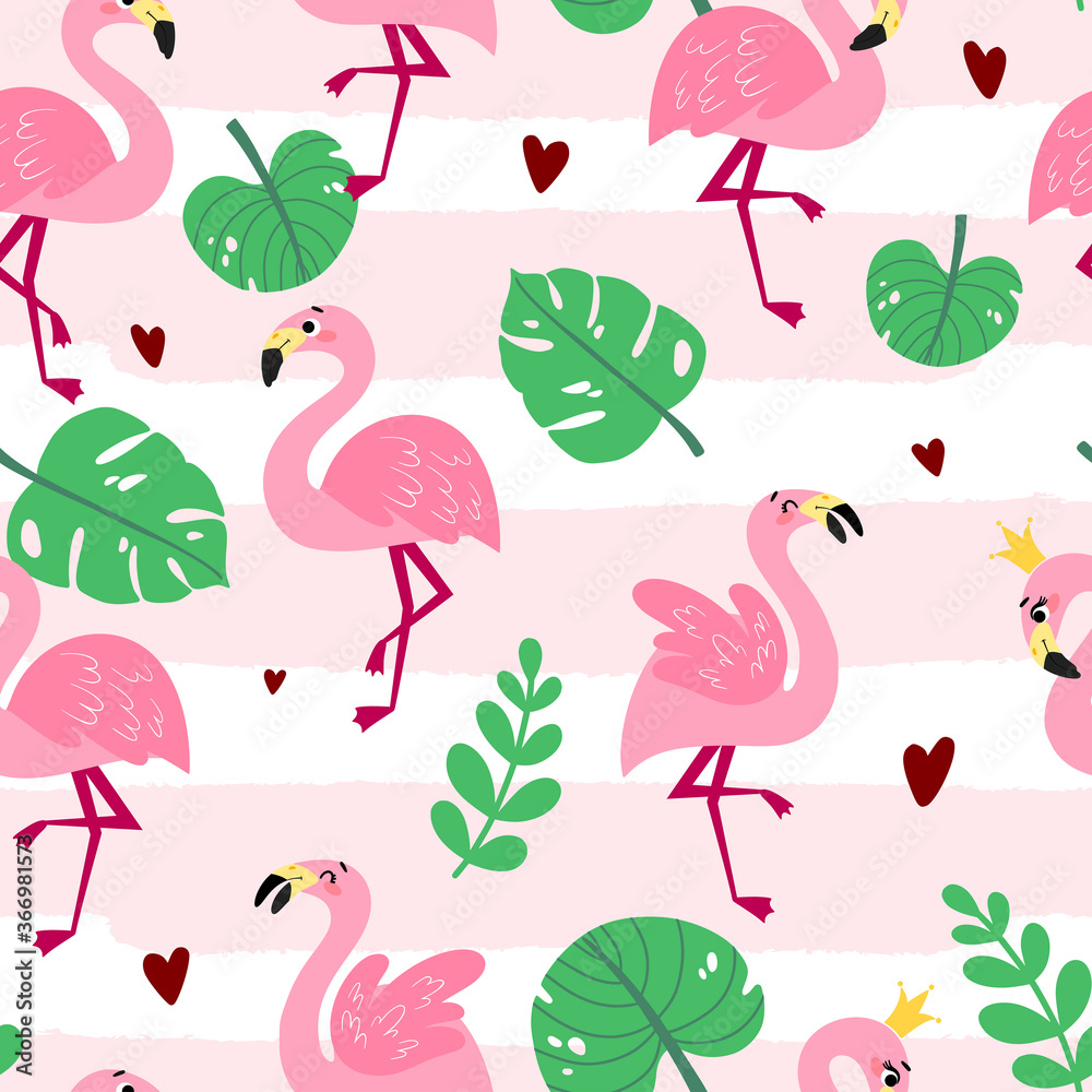 Naklejka premium Seamless pattern with cartoon flamingos. Summer tropical vector texture on a white background. Background for a children's book, print, poster, stickers, fabric, wrapping paper.