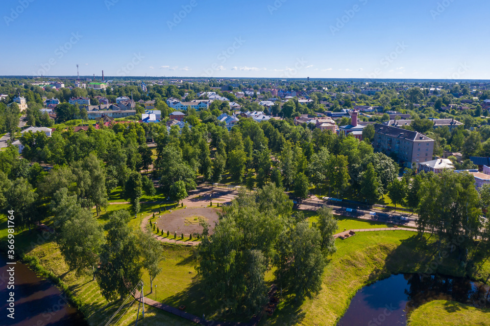 View of the dance floor in Victory Park in the city of Uglich, Yaroslavl region on a summer day.