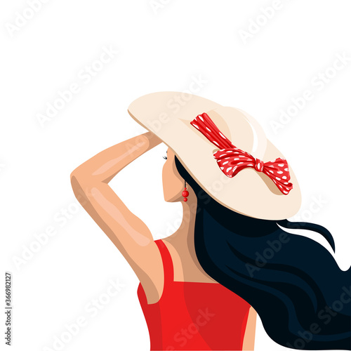 Girls in summer hat with a bow and in a tight dress looks into the distance. Flat illustration isolated on white background. Travel and rest. Template for invitations, brochures and posters.