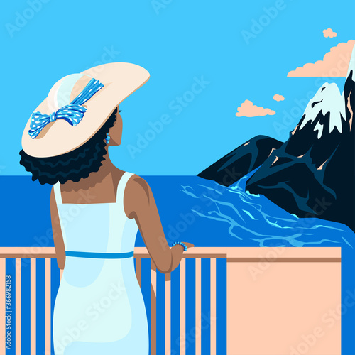 Girls in a hat with a bow and in a tight dress looks at the sea. Flat illustration on summer background. Travel and rest by the sea. Template for invitations, brochures and posters.
