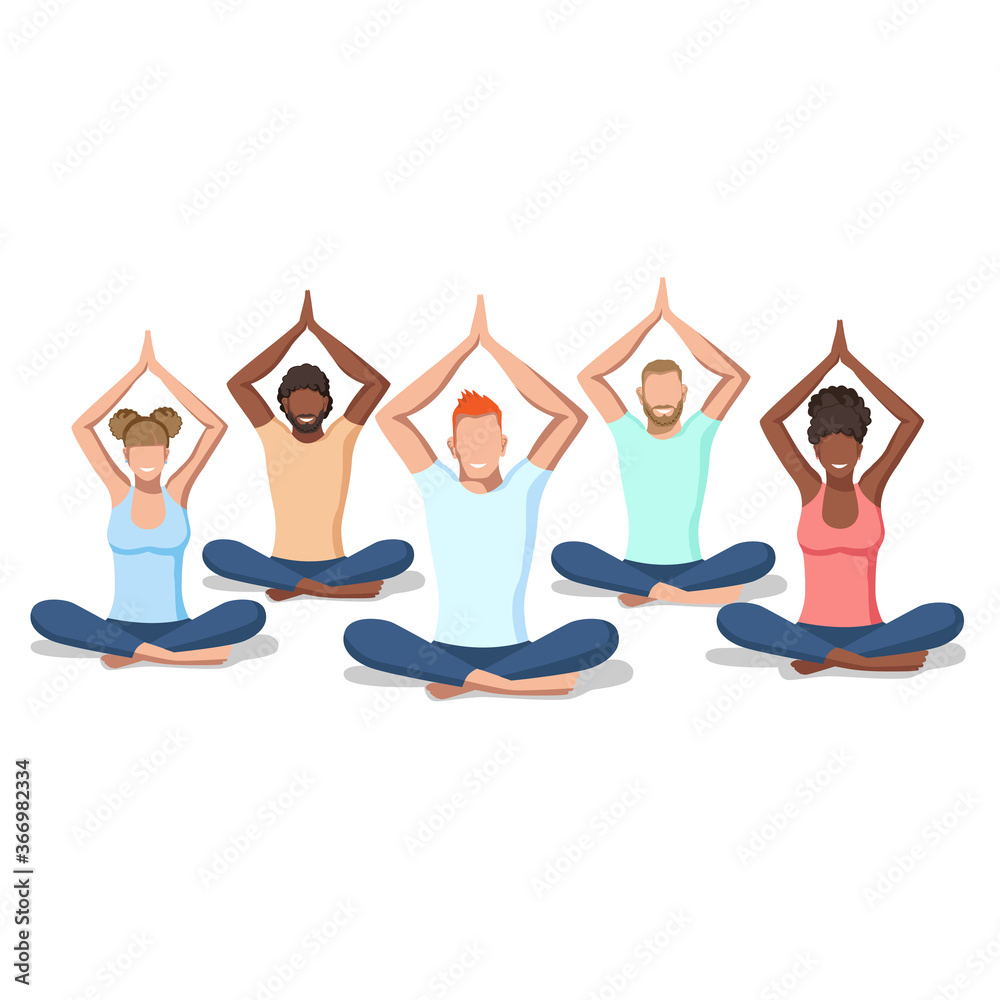 Active men and women of different nationalities and ages practice yoga. Healthy lifestyle. Isolated vector illustration of sports people on a white background.