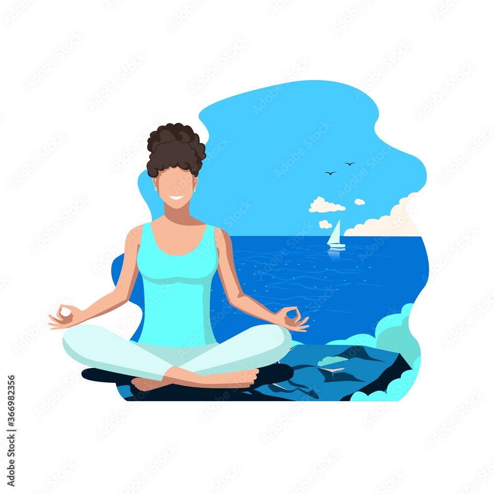 Active people do yoga in nature. Healthy lifestyle. Flat vector illustration of sports people on a white background.