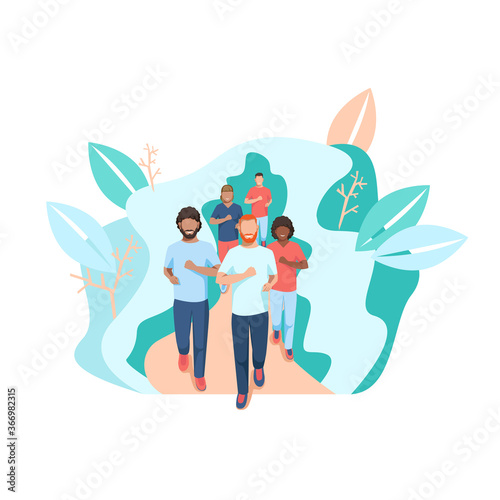Young people jogging in the park. Active men and women go in for sports. Healthy lifestyle. Flat vector illustration.