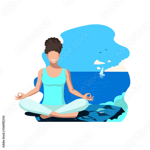 Active people do yoga in nature. Healthy lifestyle. Flat vector illustration of sports people on a white background.