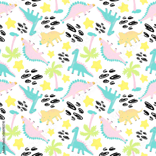 Digital seamless pattern in doodle style with dinosaurs stegosaurus, triceratops, and brontosaurus, palm tree and stars. Childish background with dinosaurs and additional elements