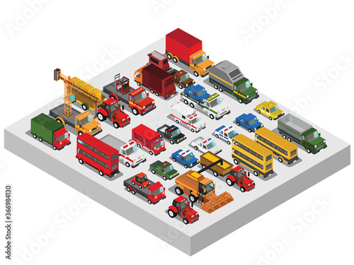 Set of urban public and freight transport cars isometric view front, back
