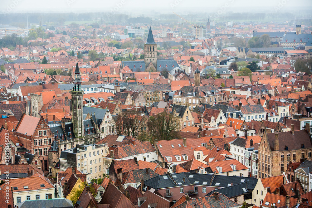 Bruges, Belgium;  A high angle view of the crowded buildings in the city of Bruges.