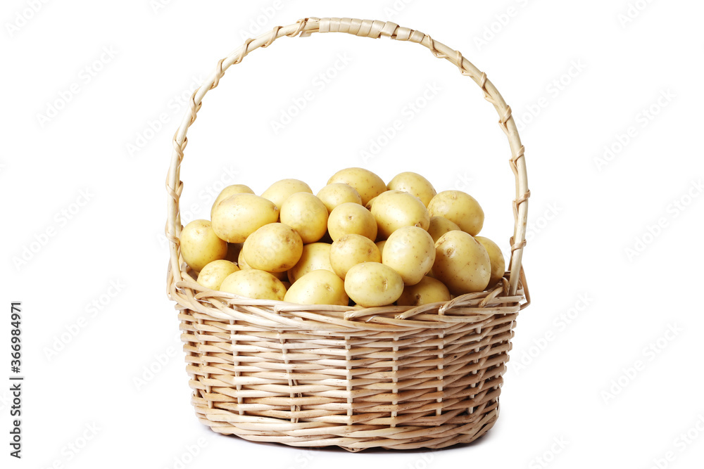 Golden Potatoes in a basket isolated on a white background. Golden Potatoes in a basket isolated on a white background.