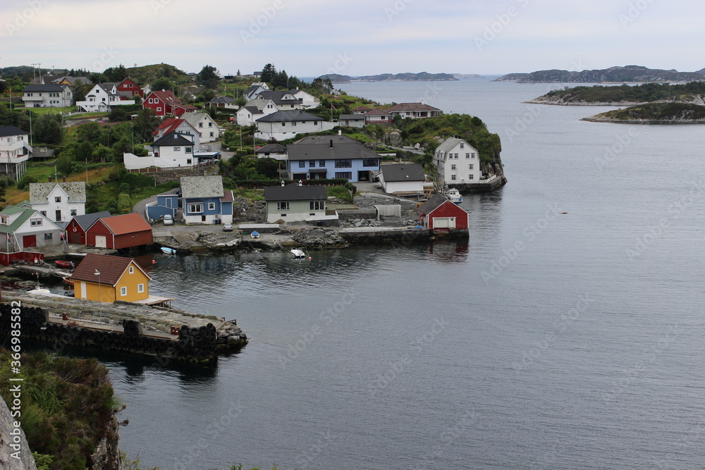 Naklejka premium Norwegian fishing village seen from the hill 2