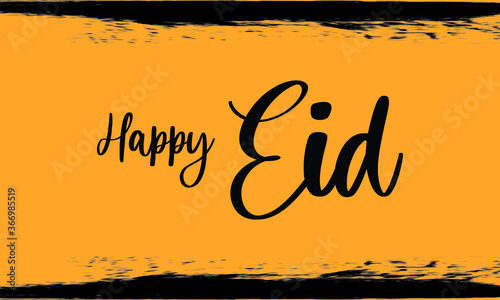 Happy Eid Modern Typography Handwritten Calligraphy 
Black Color Text On Yellow Background