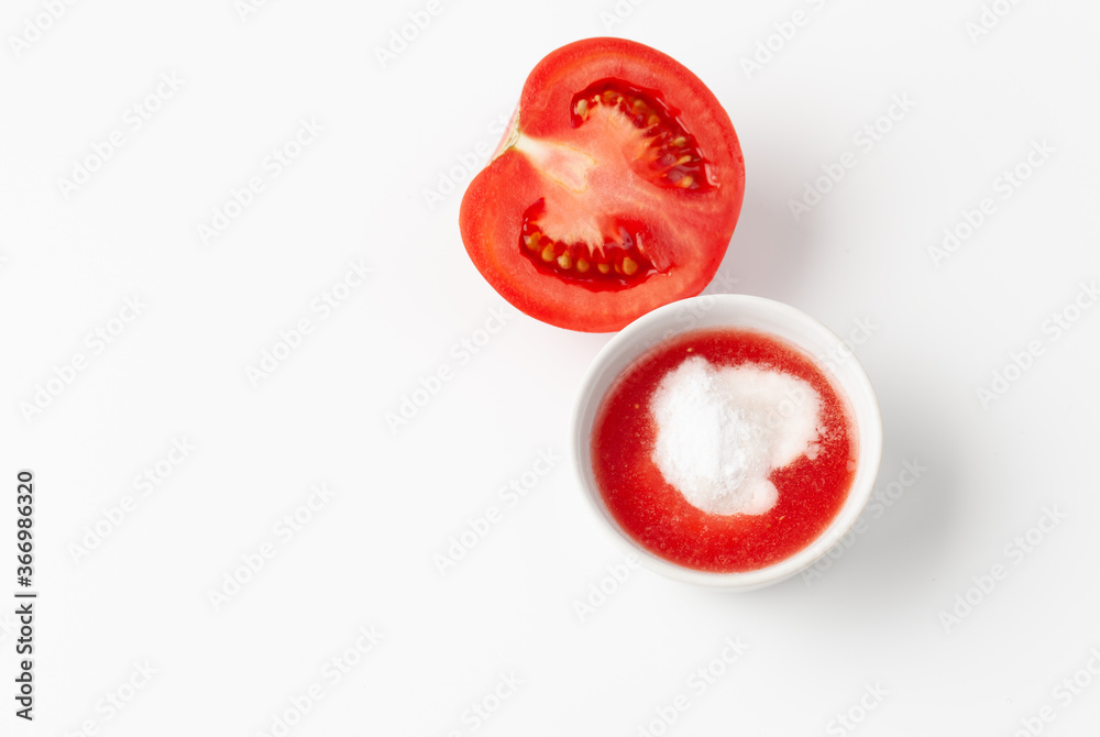 Fototapeta premium Top view of organic natural tomato juice and baking soda