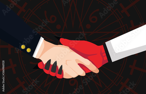 Concept of hand shaking between businessman and devil on dark background with magic circle. Deal for business and Handshake with the devil for sign contract. Going over to the side of evil. Vector