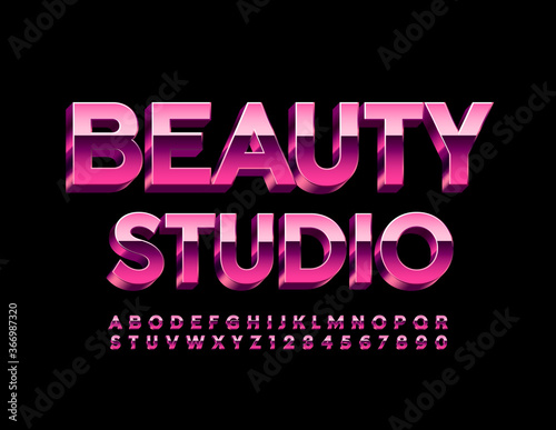 Vector stylish Sign Beauty Studio. Pink metal 3D Font. Chic Alphabet Letters and Numbers