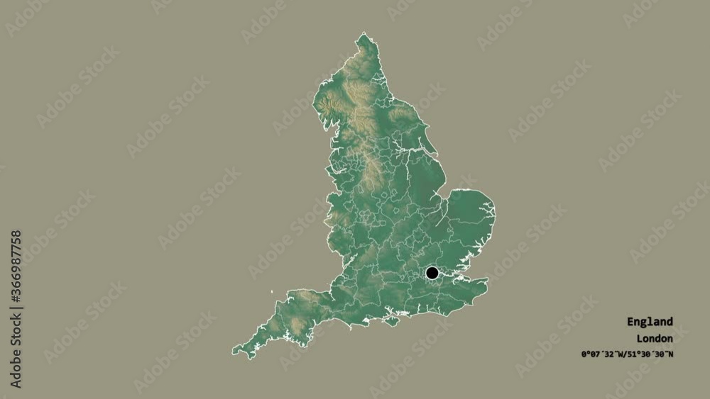 Worcestershire, administrative county of England, with its capital, localized, outlined and zoomed with informative overlays on a relief map in the Stereographic projection. Animation 3D Worcestershire, administrative county of England, with its capital, localized, outlined and zoomed with informative overlays on a relief map in the Stereographic projection. Animation 3D