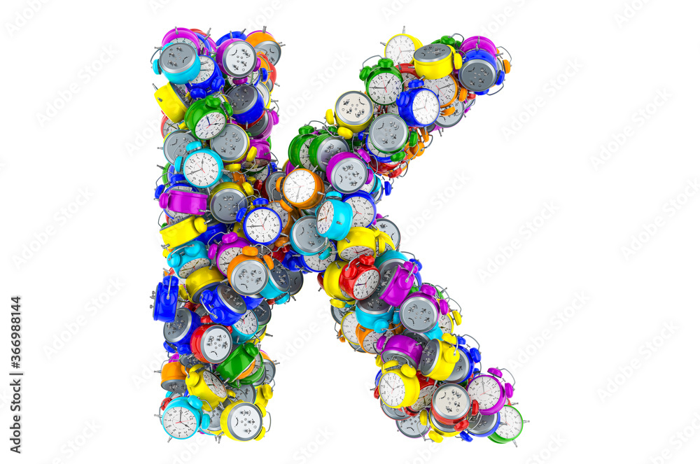 Letter K from colored alarm clocks, 3D rendering Letter K from colored alarm clocks, 3D rendering