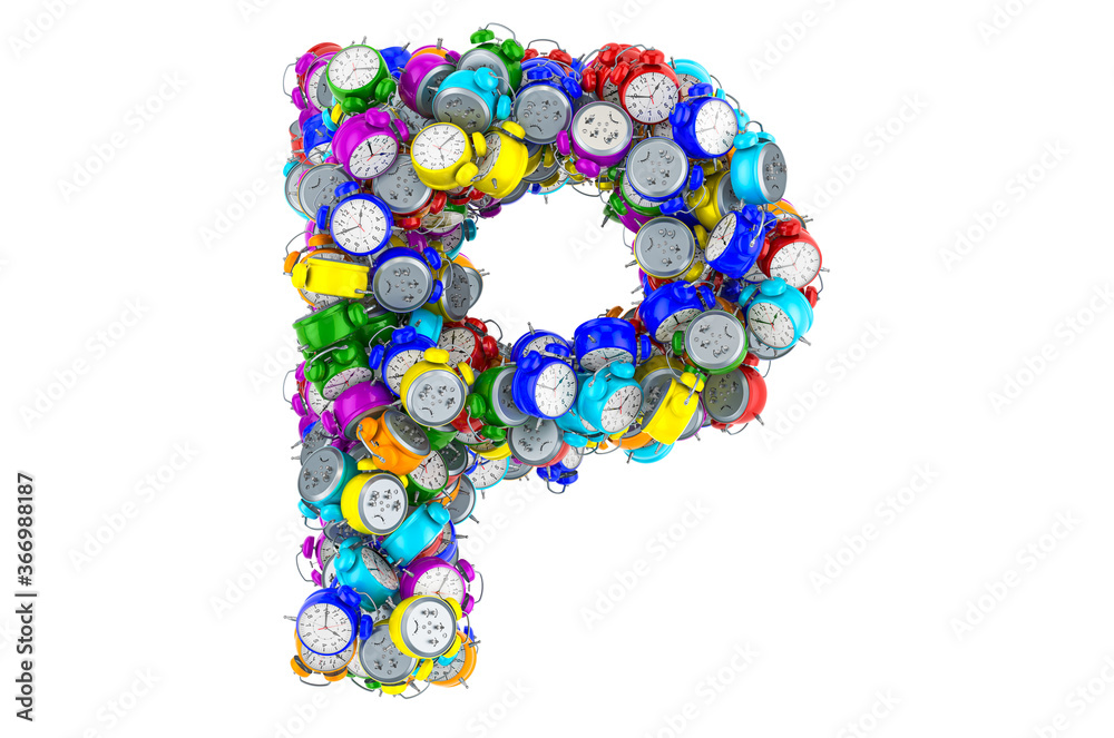 Letter P from colored alarm clocks, 3D rendering Letter P from colored alarm clocks, 3D rendering