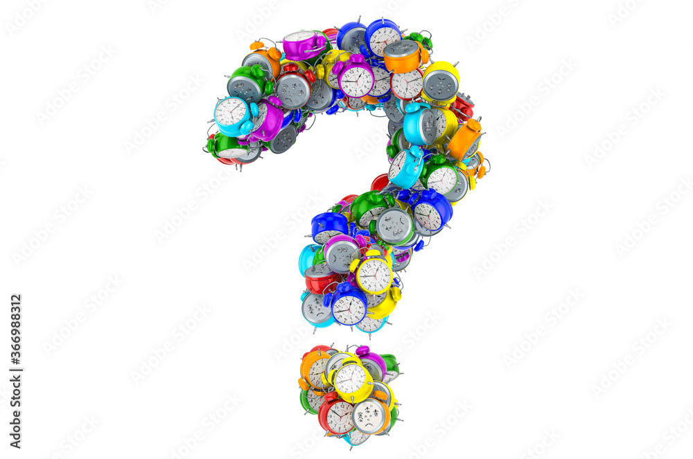 Question mark from colored alarm clocks, 3D rendering
