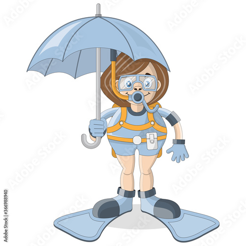 Girl diver under an umbrella. Isolated on white background. Vector illustration.