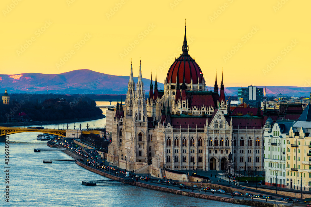 Aerial view of Budapest, Hungary at sunset. Parliament building