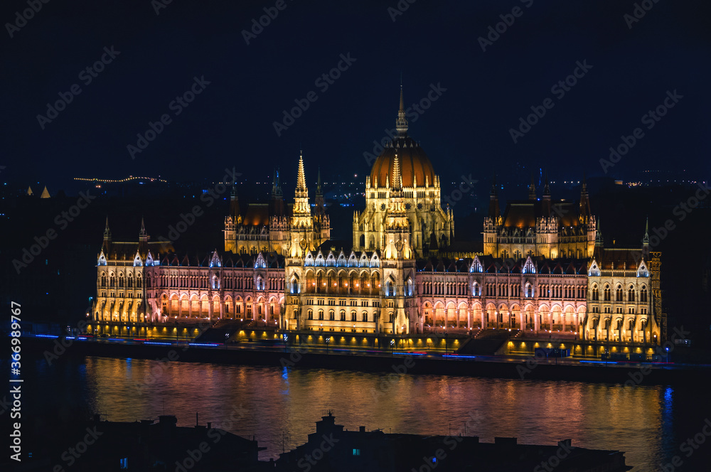 Night aerial view of Parliament building in Budapest, Hungary