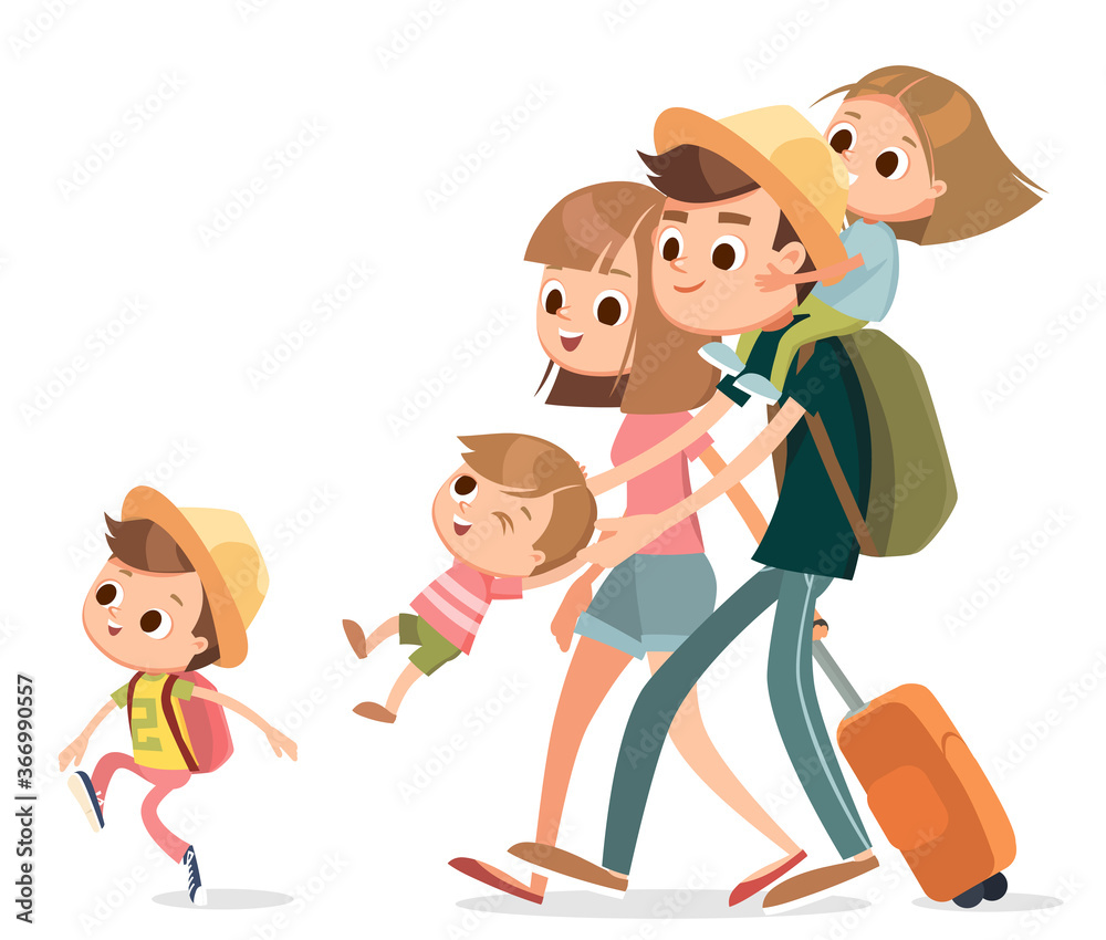 Family on overseas vacation on seashore walking by beach family arrived at tropical resort destination Family on overseas vacation on seashore walking by beach family arrived at tropical resort destination
