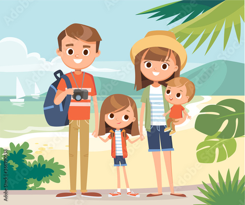 Portrait of family on overseas vacation on seashore standing at beach family arrived at tropical resort destination