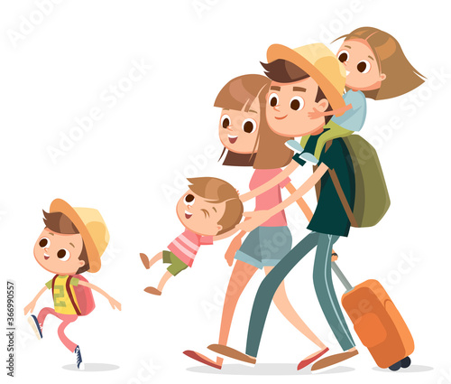 Family on overseas vacation on seashore walking by beach family arrived at tropical resort destination