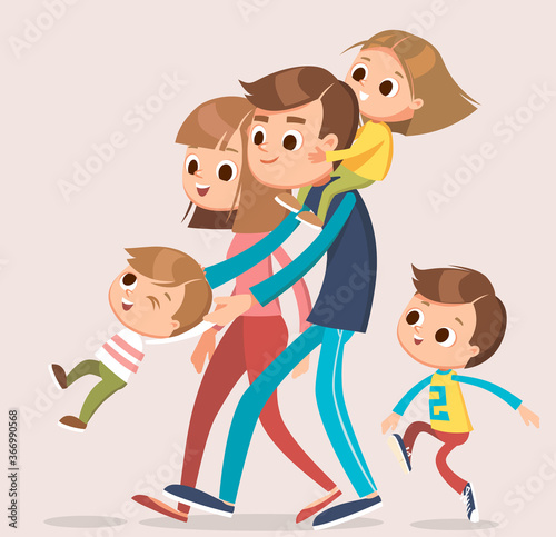 Portrait of Big loving happy family with kids walking together having fun spending time happily