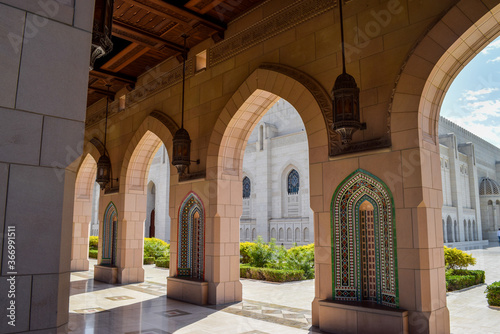 Pointed arches and comumns made of sandstone in Sultan Qaboos Grand Mosque, in Muscat.