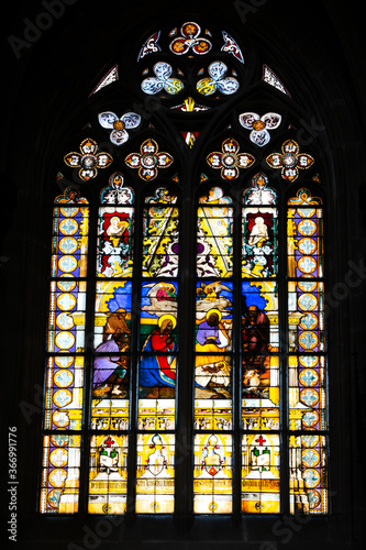 detail view of stained glass art window inside the minster of Schwaebisch Gmuend