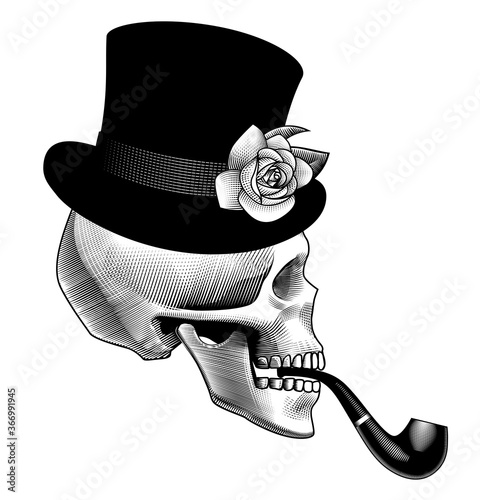 Engraved vintage drawing of a Human skull half face with smoking pipe and black top hat with rose