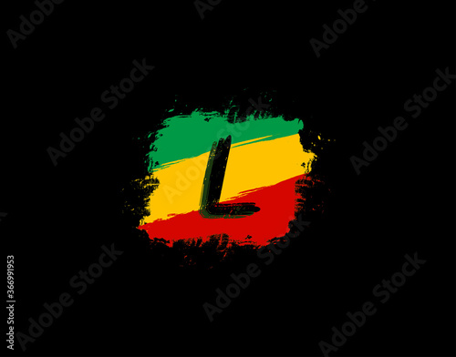 L Letter Logo In Square Grunge Shape With Splatter and Rasta Color. Letter L Reggae Style Icon Design.