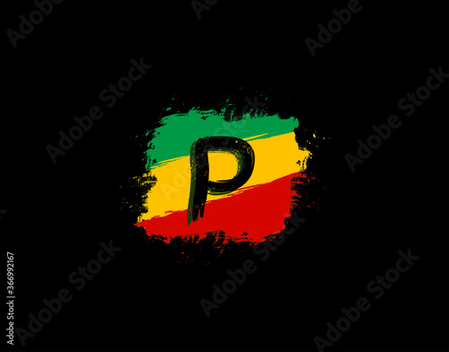 P Letter Logo In Square Grunge Shape With Splatter and Rasta Color. Letter W Reggae Style Icon Design.